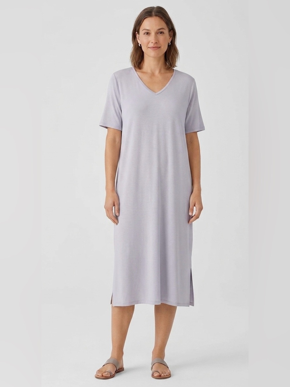 Eileen Fisher Lavender Purple V-Neck Jersey Knit Midi Dress Short Sleeve